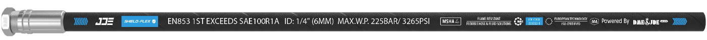 A BS EN 853 1ST flexible hose is marked with important information: brand, standard, sizes and part number.
