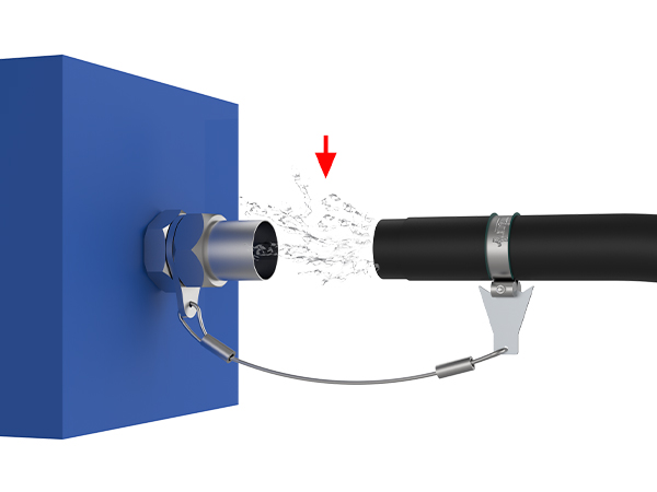 Liquids are splashed from the hose and the hose is fastened to the equipment by hose whip restraining system.