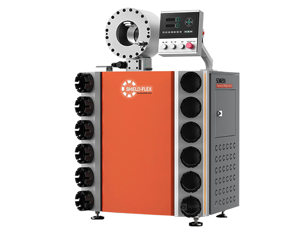 A set of SCM120A-ProMax-Rs hose crimping machine on white background.